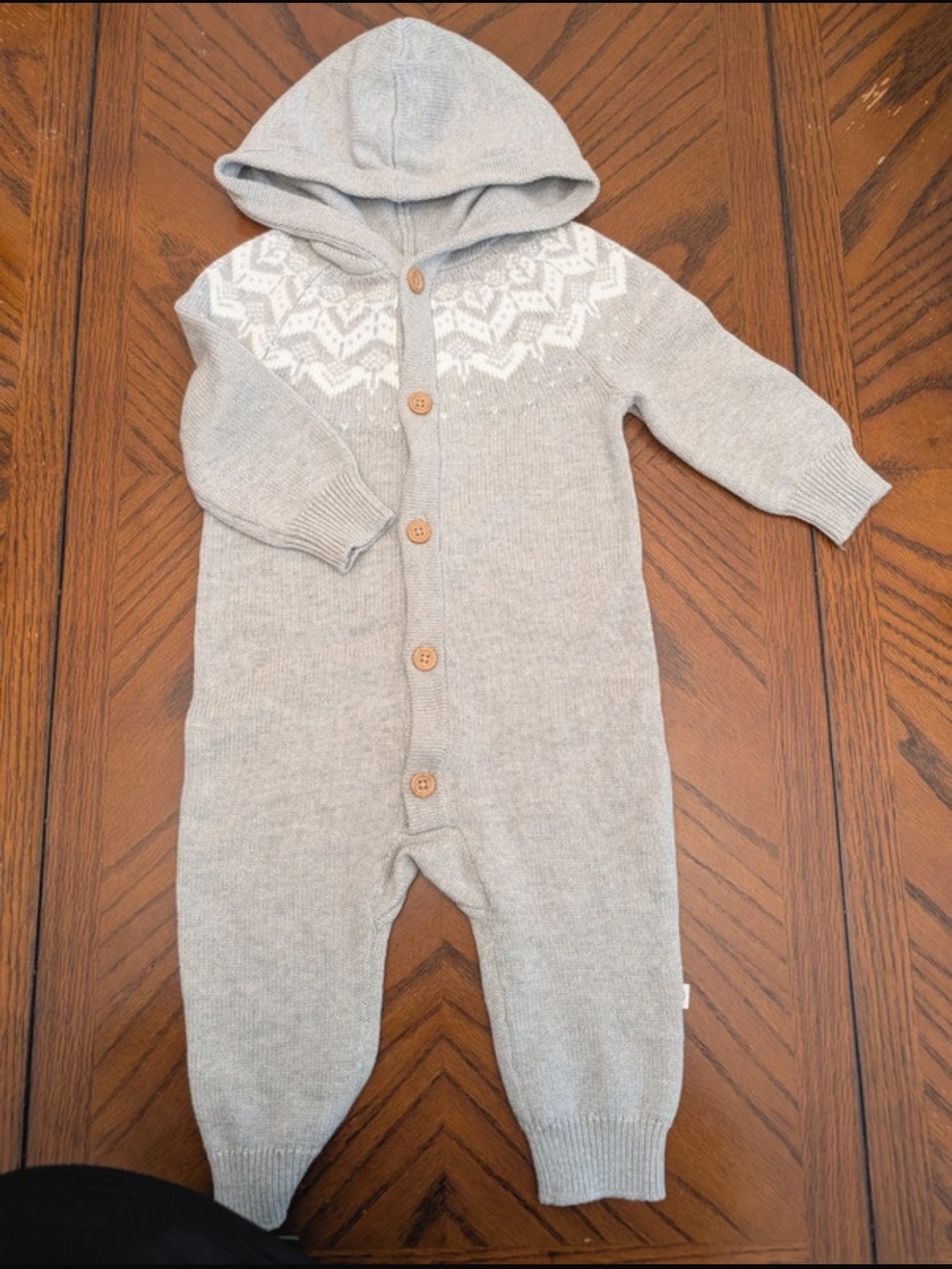 Hooded Knit One-Piece Bodysuit in Light Gray with White Yoke
